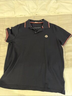Moncler Men’s Tricolor Trim Short Sleeve Polo Shirt - Navy Blue - Size XL